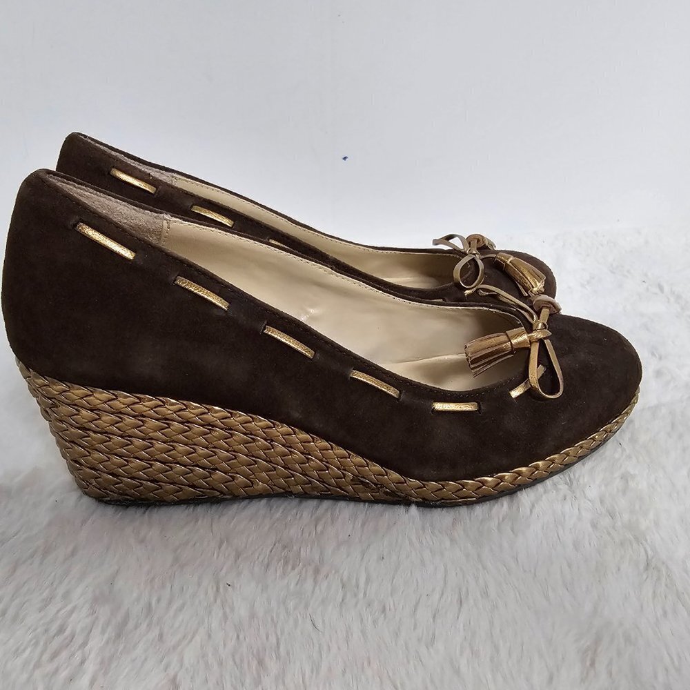 Lauren Ralph Lauren Cambree Chocolate Suede Gold Metallic Wedge Shoes Size 7 - Picture 7 of 16